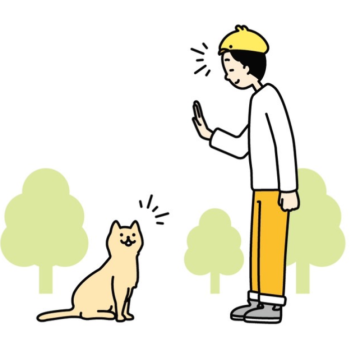 イラスト：男性が猫に挨拶しています