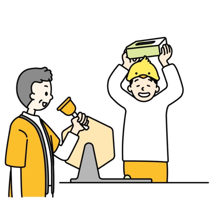 イラスト：男性が福引きをしています